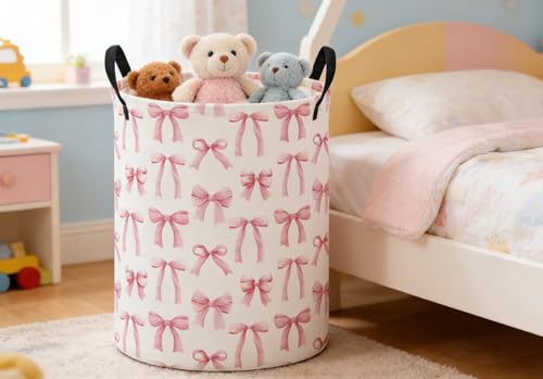 Image of ESSME Kids Laundry Basket,Pink Hamper Collapsible Canvas Waterproof Storage Bin for Girls, Cute Hamper,Gift Baskets(Bowknot)
