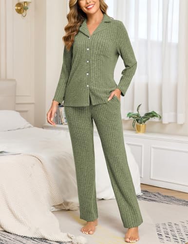 Image of Veseacky Women's Ribbed Knit Pajamas Set 2 Piece Warm Soft Loungewear Sleepwear Pjs S-XXL