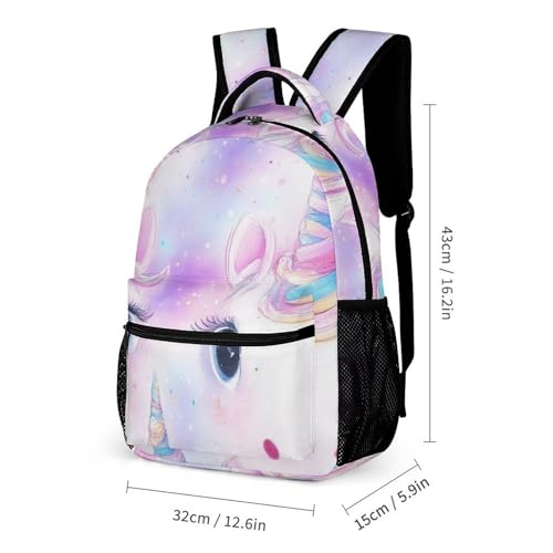 Bookbag Set Daypack with Lunch Box Makeup Bags Shoulder Bags with Lunch Bag Cosmetic Bag Unicorns Face Rainbow Art Backpack Set2