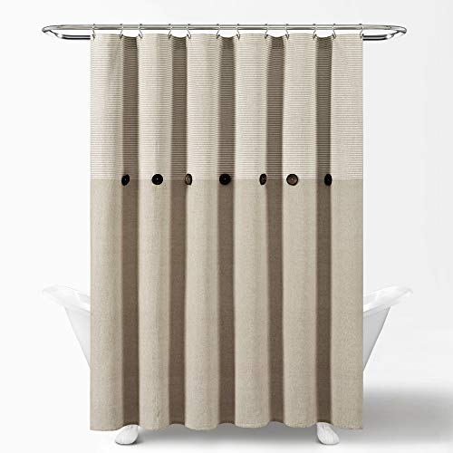 Lush Decor Beige Woven Cotton Shower Curtain - Farmhouse Button Stripe (72 x 72)