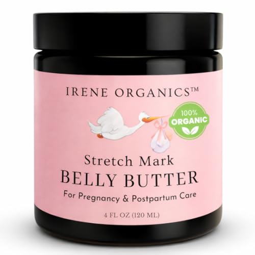 Organic Belly Butter for Pregnancy Stretch Mark Prevention and Treatment by Irene Organics - Award Winning Anti Stretch Mark Tummy Balm For Pregnancy and Postpartum 4oz - Hydrating Bump Cream