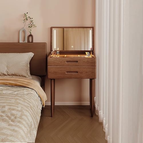 Mesa de maquillaje LED con brillo ajustable, 3 colores, 2 cajones, mesita de noche compacta para dormitorio, 60 cm, diseño moderno, ideal para belleza y aseo