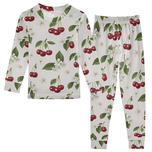Pajama Sets Long Sleeve Cherry White Flowers Pattern Soft Comfy Sleepwear 2 Piece PJS 3-8T