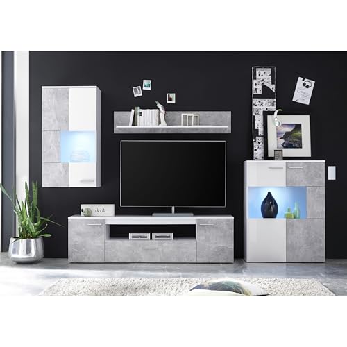 Vulcan Wohnwand Komplett-Set in Beton Optik, Weiß - Moderne Schrankwand mit LED-Beleuchtung für Ihr Wohnzimmer - 290 x 194 x 40 cm (B/H/T) – Bild 3