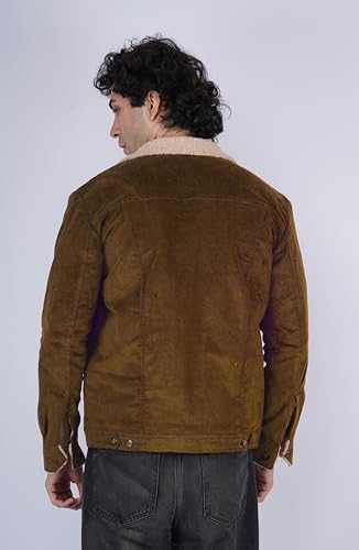 Image of Men's Sherpa Lined Corduroy Jacket | Warm Winter Jacket with Fur Collar & Cuffs | Soft Fleece Lining, Multiple Pockets - Brown, Olive Green, Chocolate Brown