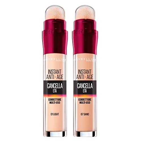 Maybelline New York The Multipurpose Colour Corrector de Edad Líquido 01 Light con Aplicador de Esponja + Corrector de Edad Líquido 07 Arena Contra las Ojeras Antiedad Instantáneo
