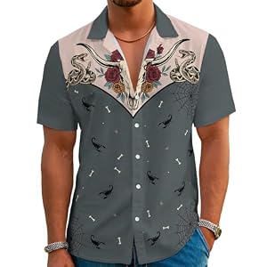Men’s Hawaiian Shirt Western Style Button Down Vintage Symmetrical Print Short Sleeve Summer Beach Rodeo Party Clothes