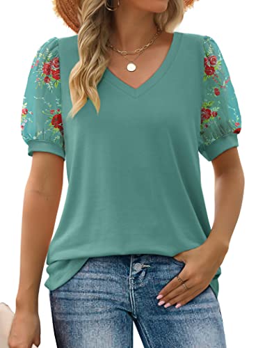 Image of Aokosor Womens Summer Tops V Neck T Shirts Swiss Dot Puff Sleeve Tops Loose Casual Tshirts