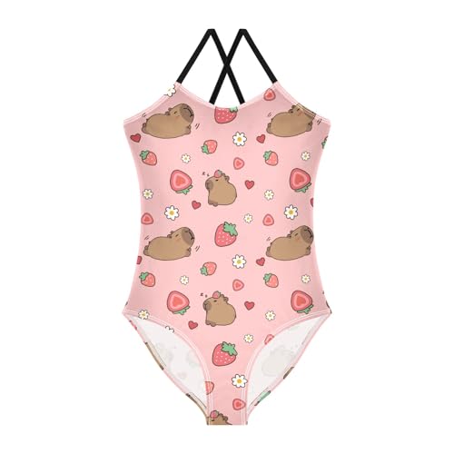 Girls One Piece Swimsuits Capybara with Cute Strawberry Cute Swimwear Bathing Suits 3-10T