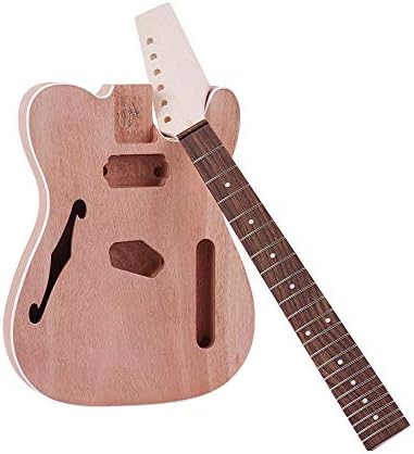 WANXIAO TL Tele Style Unfinished Electric Guitar DIY Kit Mahogany Body with F Soundhole Maple Wood Neck Rosewood Fingerboard
