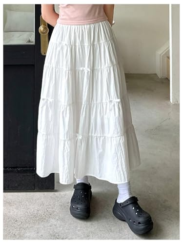 WDIRARA Women's Bow Elastic Waist Flowy Flared Ruffle Long Skirt Boho A-Line Skirts2