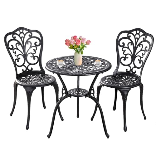 Patio Bistro Sets 3 Piece Outdoor,Cast Aluminum Bistro Table and Chairs Set of 2 with 1.97″ Umbrella Hole,All Weather Outdoor Bistro Table Set for Front Porch Set,Garden(Black)