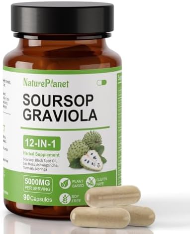 NaturePlanet Soursop Graviola Capsules with Black Seed Oil, Sea Moss, Ashwagandha, Turmeric & Moringa丨12 in 1 Herbal Blend Formula丨Immune Support & Gut health丨Gluten-Free, Non GMO, Vegan – 90 Counts