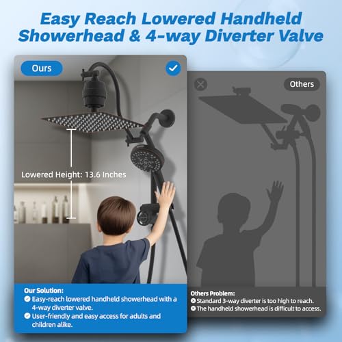 Image of Hibbent 10 inch Dual Filtered 10 inch Rainfall Shower Head with Handheld 10-Spray | High Pressure Metal Oil-Rubbed Bronze Showerhead Combo with Filter, Extension Arm with 4-way Diverter, 71'' Hose & Holder