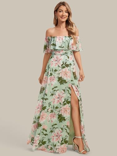 Image of Ever-Pretty Women's Summer Off The Shoulder Flowy Chiffon Formal Wedding Guest Dresses Maxi Side Split Beach Bridesmaid Dress