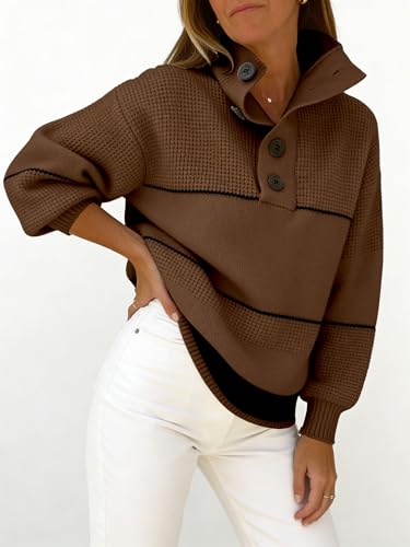 Image of CHARTOU Women's Waffle Knit Knitwear Slouchy Striped Polo Collared Long Sleeve Pullover Sweater Tops