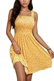 Oyamiki Elegant Women's Sun Square Neck Short Vacation Dresses with Side Pocket A Line Sleevesless Holiday High Waist Summer Beach Dress Yellow L