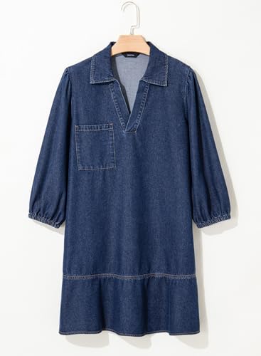 Dokotoo Denim Dress for Women Fashion Fall Casual Babydoll 2025 V Neck 3/4 Puff Sleeve Jean Dresses4