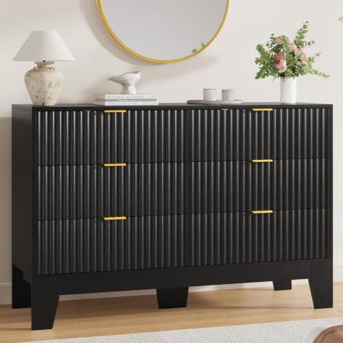 Image of Garvee 6 Drawer Dresser for Bedroom, 47 inch Wide Fluted Chest of Drawers with Metal Handle, Modern Wooden Dresser TV Stand, Clothes Storage Organizer Wood Closet for Hallway, Entryway, Black