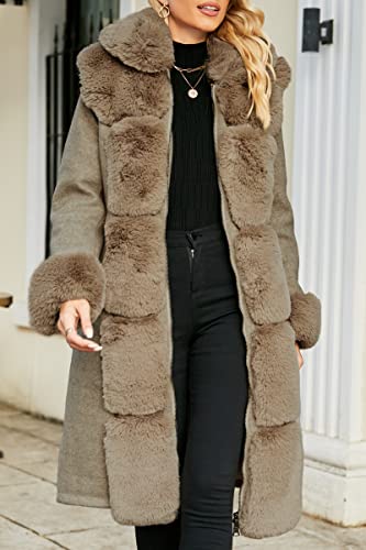 Giolshon Damen-Jacke mit Pelzfutter aus Wollmischung, Kapuze und Pelzkragen verdickter langer Trenchcoat mit Gürtel 244A Khaki XL