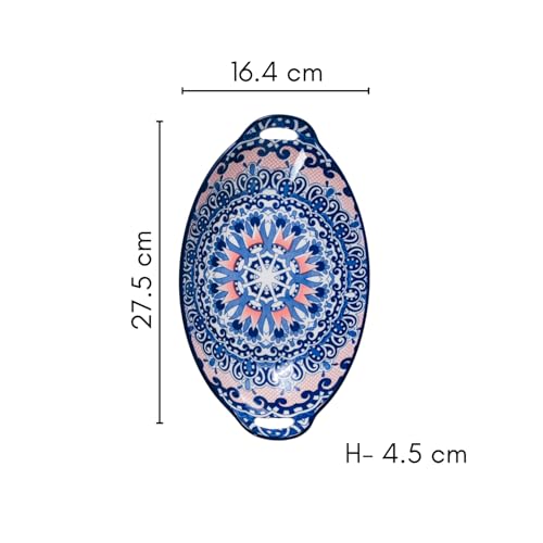 Image of Nestasia Set of 2 Blue Mandala Design Ceramic Serving Platter with Handles for Snacks, Appetizers, Salads, and Noodles | Microwave Safe, Dishwasher Safe (10.8 Inch)