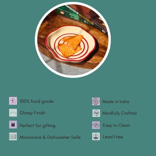 Image of WEAVING HOMES Red Lined Handmade Dessert Plate, Size: 11 cm Microwave & Dishwahsher Safe (Set of 1)