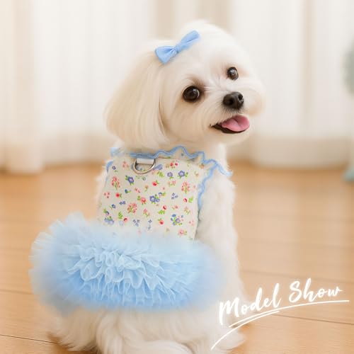 Floral Dog & Cat Dress with Tutu Skirt - Breathable Stretch Pet Clothes for Small Dogs Girl Cats & Puppies Birthday Party Outfit (Blue,Small) - Image 4