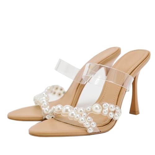 MRKEWUNEY Fashion Womens Pearl High Heels Sandals Clear Dress Shoes