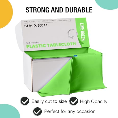 Image of Exquisite Lime Green Plastic 54x300in Tablecloth Roll, Heavy Duty Disposable, Waterproof, Built-in Cutter, 36 Rectangle Table Covers, All-Season