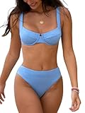 CUPSHE Women Swimsuit Bikini Set Two Piece Bathing Suit Push Up Mid Rise Textured Swimwear L Light Sky Blue