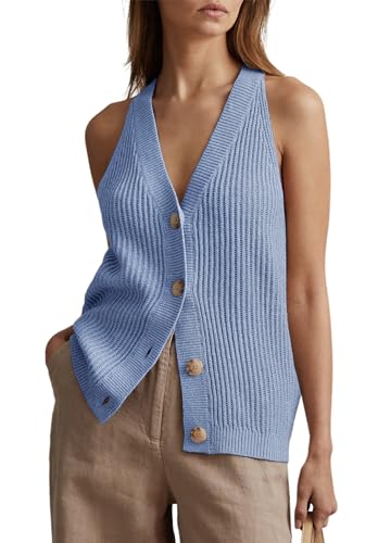 Image of Womens Button-Front Sweater Vest Top V Neck Sleeveless Knit Tank Fitted Halter Raceback Cardigan Vest