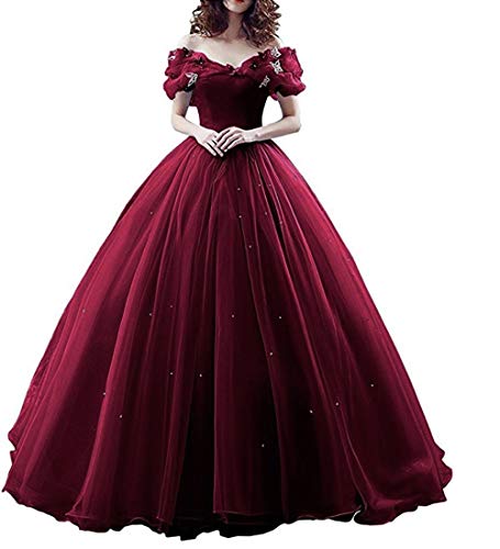 FTBY Women's Cinderella Quinceanera Dresses Butterfly Ball Gown Off The Shoulder Wedding Dresses Long Evening Prom Gown Burgundy -12