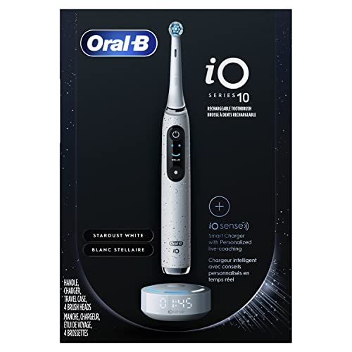 Oral-B iO Series 10 Rechargeable Electric Toothbrush with Visible Pressure Sensor to Protect Gums, 2 Min Timer, 7 Cleaning Settings, 4 Replacement Toothbrush Heads, and Charging Travel Case, White