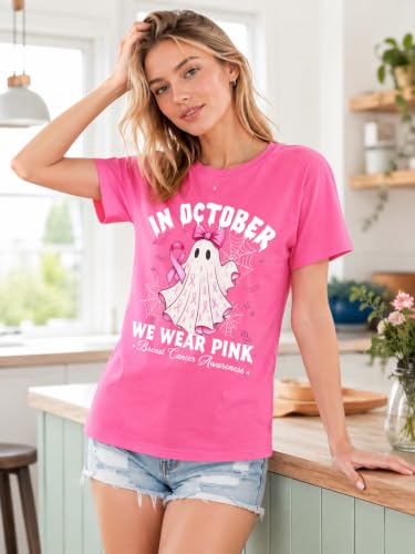 Image of Breast Cancer Shirts for Women Pink Ribbon Shirt Breast Cancer Survivor Tee | Pink Breast Cancer Shirt In October We Wear Pink Tee Breast Cancer Awareness Shirts Halloween Ghost Graphic Short Sleeve Top