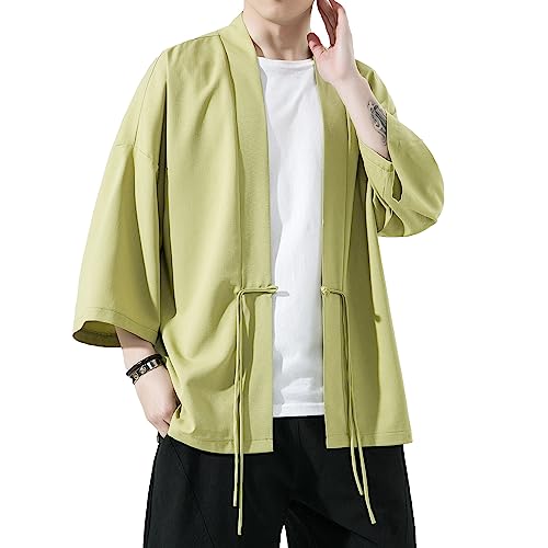 Image of Mens Kimono Cardigan Cotton Linen Japanese Shirt 3 /4 Sleeve Haori Yukata | Skin-Friendly Solid Color Lightweight Shawl Collar Kimono Robe Embroidery Button Tie Pockets Happi Coat All Season Daily Wear