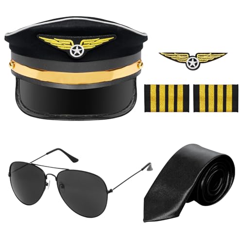 HOVEOX 6 Pieces Pilot Costume Airline Captain Costume Pilot Hat Sunglasses for Men Halloween Party (Black)