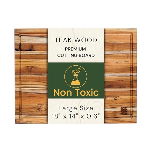 Premium teak wood cutting board 18" x 14" x 0. 6" for kitchen on a white background.