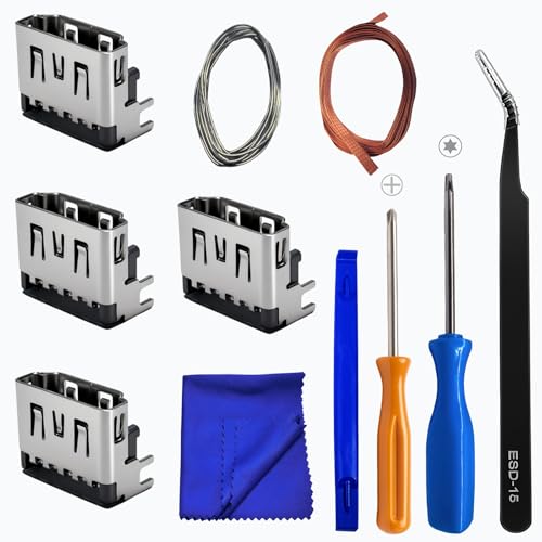 Qzhasp PS5 HDMI Port Replacement Repair Kit (4-Packs) Includes Full Tools Solder Wick Soldering Wire Screws for Sony PlayStation 5 Console Socket Interface Connector Repair