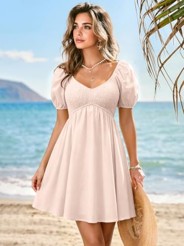 Image of Womens Babydoll Dress 2026 Summer Casual Puff Sleeve V Neck Cute Boho Smocked Flowy Short Sundress Beach Mini Dresses