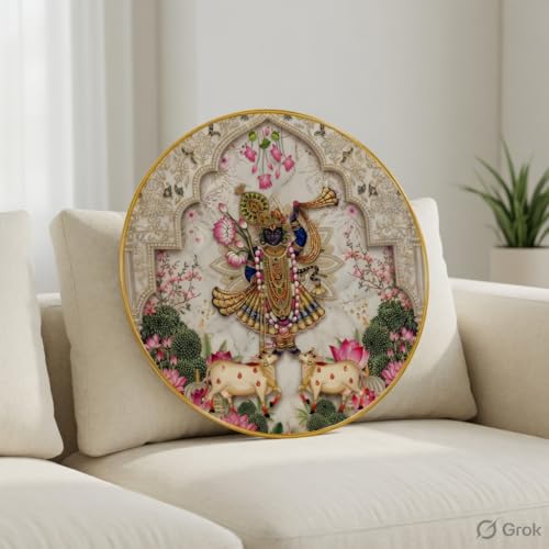 Image of SAF Shrinathji Krishna Wall Painting with PVC Round Frame | Sparkle Laminated Nathdwara Style Lord Krishna Artwork with Cow and Lotus Design | Spiritual Hindu Wall Decor for Home Temple Gift