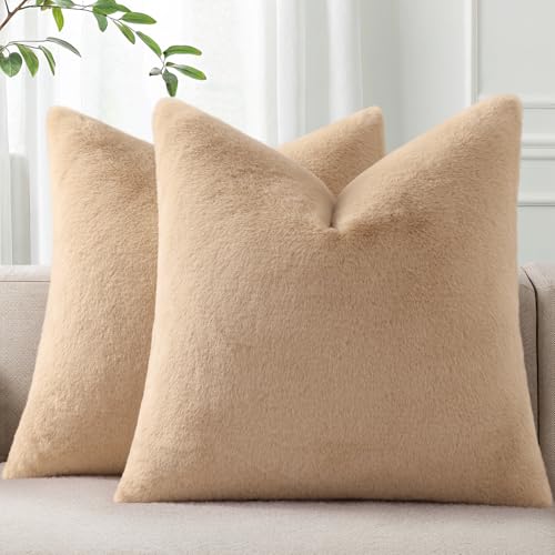 Pallene Faux Fur Plush Throw Pillow Covers 26x26 Set of 2, Soft Fluffy Couch Pillow Covers for Living Room, Khaki