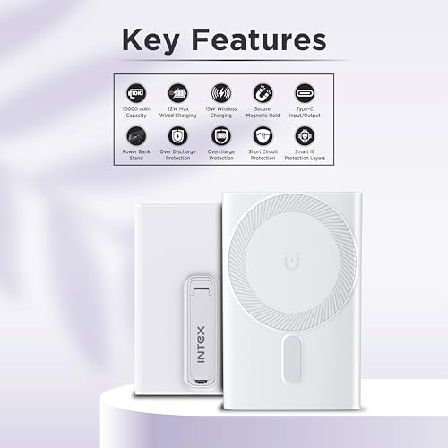 Image of Intex Strong Nova QCPD 10K Poly 10000mAh Wireless Power Bank with 22.5W Fast Charging, 15W Wireless Charging, Type-C Input Output, Built-in Stand, LED Indicators (White)