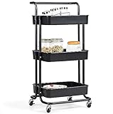 Carrinho Organizador Multiuso 3 Prateleiras Em Metal Suporte De Armazenamento Utilitário Grande Capacidade Organizador Para Cozinha Banheiro Artesanatos (Preto)