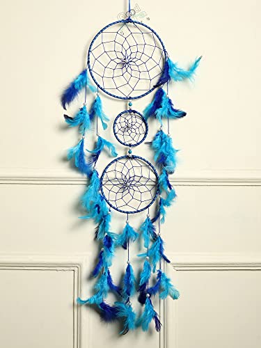 Image of Handmade Dream Catchers Wall Hangings for Home Decor Kids Room Bedroom Livingroom Balcony Feathers Dreamcatcher Wall Decorations Gift Items(Pack of 1, 18LX94Hcm, Turq&NB)