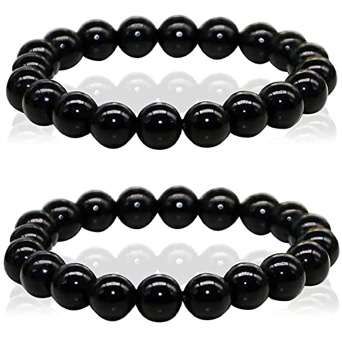 ysister Lot de 2 Naturel Noir Obsidienne Bracelet 8MM,Bracelet Pierre Naturelle,Bracelet Femme et Homme,Bracelet Élastique,Bracelet Pierres Précieuses Cadeau Femme Cadeau Fete des Meres-8MM Cover
