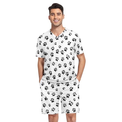 Dog Paw Print Men’s Pajama Sets Short Sleeve Lounge Wear with Elastic Waistband and Drawstring