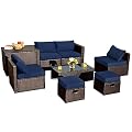 RELAX4LIFE 8-Piece Patio Furniture Set - PE Wicker Conversation Set w/Cushions, Pillows, Tempered Glass Table, Storage Box, Outdoor Sectional Sofa Set for Yard, Deck (Navy Blue)