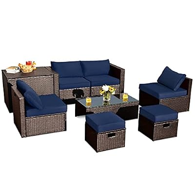 RELAX4LIFE 8-Piece Patio Furniture Set - PE Wicker Conversation Set w/Cushions, Pillows, Tempered Glass Table, Storage Box, Outdoor Sectional Sofa Set for Yard, Deck (Navy Blue)