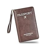 WishLotus Passport Holder for Travel Rfid Blocking, Fashion PU Leather Passport Cover Multi-Function Passport Book Holder with Wristband and Zipper for Women Men (1, Brown)