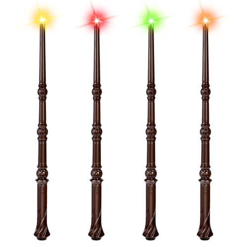 EnrichFun Light Up Magic Wand with Sounds & 4 Color Lights - 4PCS Illuminating Wizard Witch Toy Wands for Kids - Cosplay Birthday Party Favors Brown